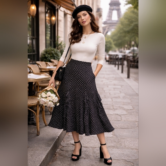 Lauren Ralph Lauren Silk Polka Dot Ruffled Midi Skirt Black White Size 14 / XL - Picture 3 of 6